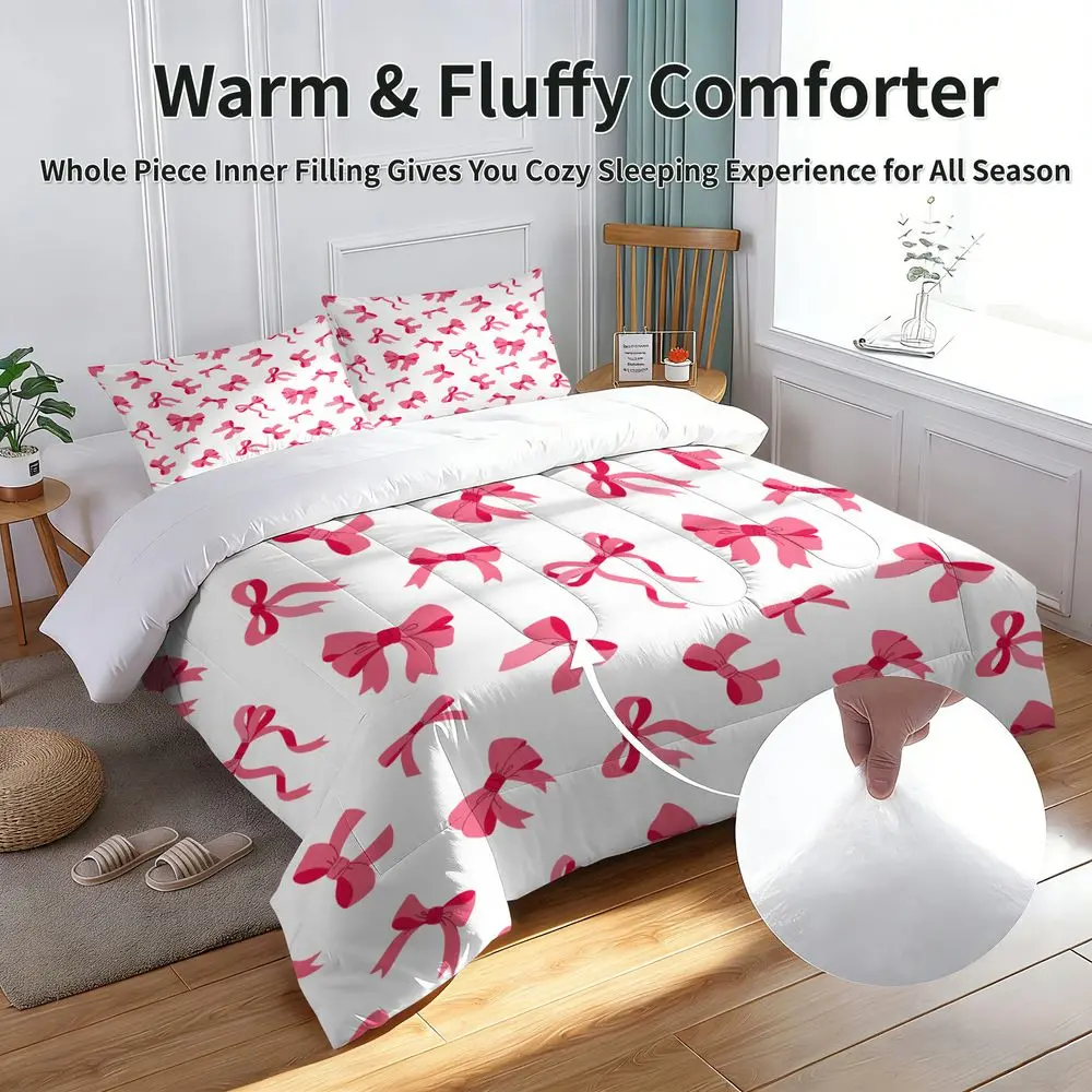 2/3Pcs Cute Pink Bowknot Comforter Set, Aesthetic Coquette Bedding Set for Girls Room, Soft Microfiber Quilt with Matching Pillowcase, Romantic Bedroom Decor, All-Season Bedding Set No Pillow Core