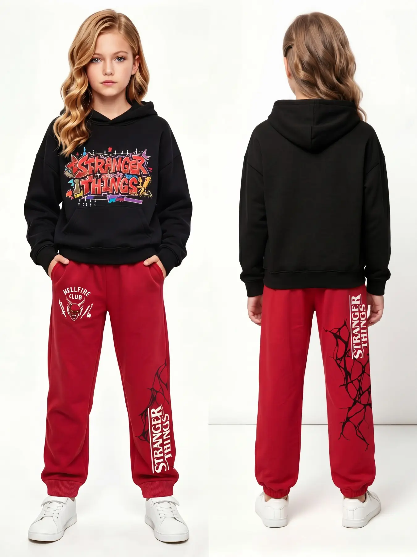 Licensed Stranger Things Girls 2Pcs Fall Winter, Long Sleeve Hoodie Jogger Set 4-14Y, Graffiti Stranger Things Front Print & Hellfire Club Demon Logo Crack Pattern Red Pants, Soft Smooth Heat-Locking Skin-Friendly Fabric, Back To School