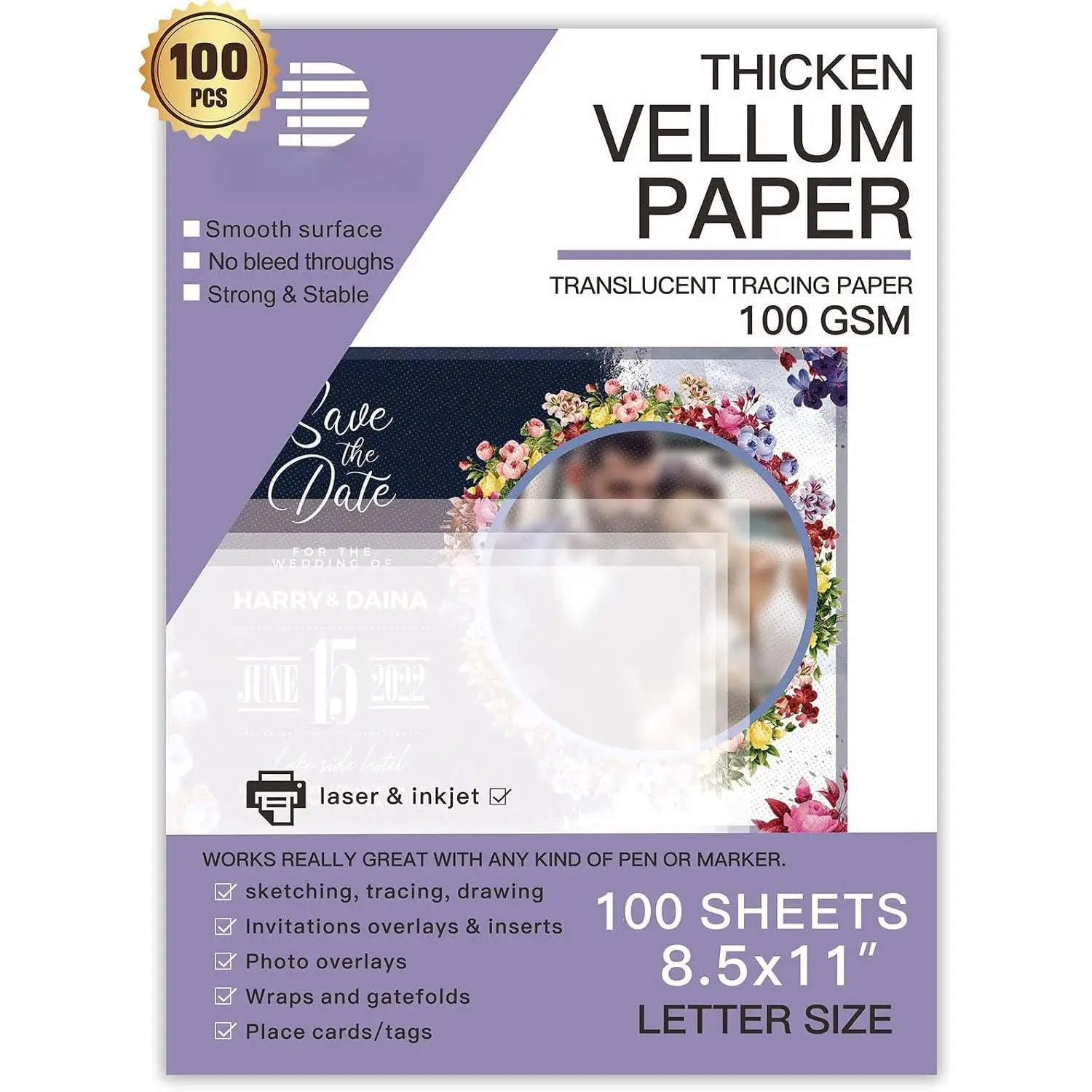 Transparent Vellum Paper - 50 Sheets, 68LBS, 8.5x11in Print-Friendly Inkjet/Laser Printable Sheets for Crafters, Card Overlays, Invitations