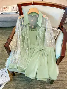 Women's Summer 3-Piece Matching Set, Floral Lace Outer Vest + Strappy Top + Shorts, Casual Fitted for Daily Wear, Vacation, Commute