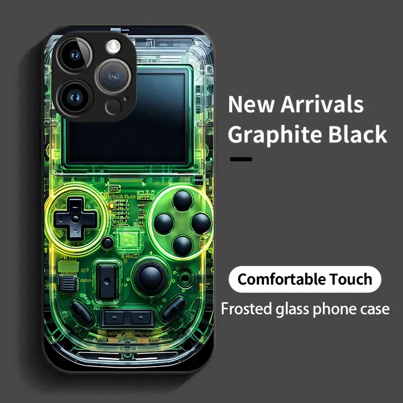 Green Glow-in-the-Dark Game Console Tempered Glass Phone Case for iPhone 16/16 Plus/16 Pro/16 Pro Max/15/15 Plus/15 Pro/15 Pro Max/14/14 Plus/14 Pro/14 Pro Max/13/13 Pro/13 Pro Max/13 Mini/12/12 Pro/12 Pro Max/12 Mini/11/11 Pro Max/X/XS/XR/XS Max/7/8 – Si