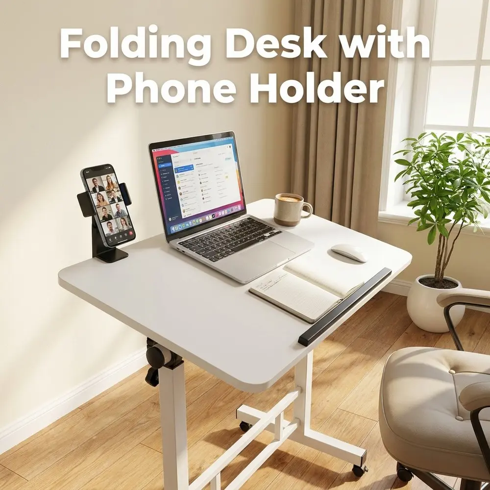 Mobile Rolling Desk with Built-In Phone Holder, Height Adjustable Laptop Table for Home Office, Bedroom and Sofa, Compact Study Workstation for Students, Online Classes, Remote Work, Reading, Writing and Small Spaces