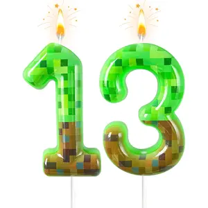 Number 13 Pixel Miner Candle,  with  Wax, 5.07 Inch Tall (with Base) Suitable for Themed Birthday Party Decorations, Pixel Cake Decorations for Boys Girls (Green 13)