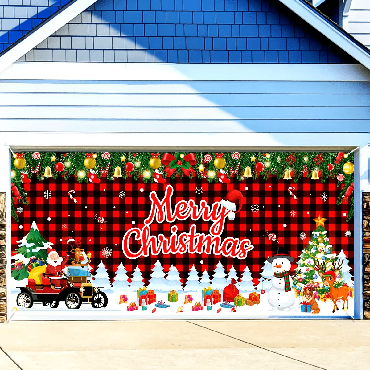 Christmas Garage Door Tapestry - Lightweight Printed Polyester Cloth, Santa Snowman Reindeer Design, Outdoor Holiday Party Photo Backdrop Wall Decor Event Display Festive Banner, Print, Room