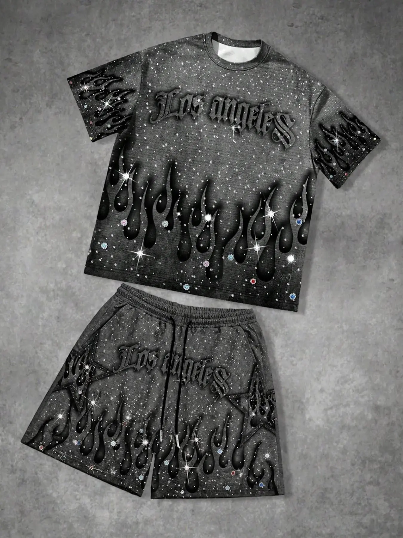 Y2K Dark Grunge Rhinestone Flame Print Matching Set, Black Vintage Washed Short Sleeve T-shirt and Elastic Waist Shorts, Loose Fit Streetwear Tracksuit, Summer Essential for Daily Outings, Street Style & LA Inspired Looks
