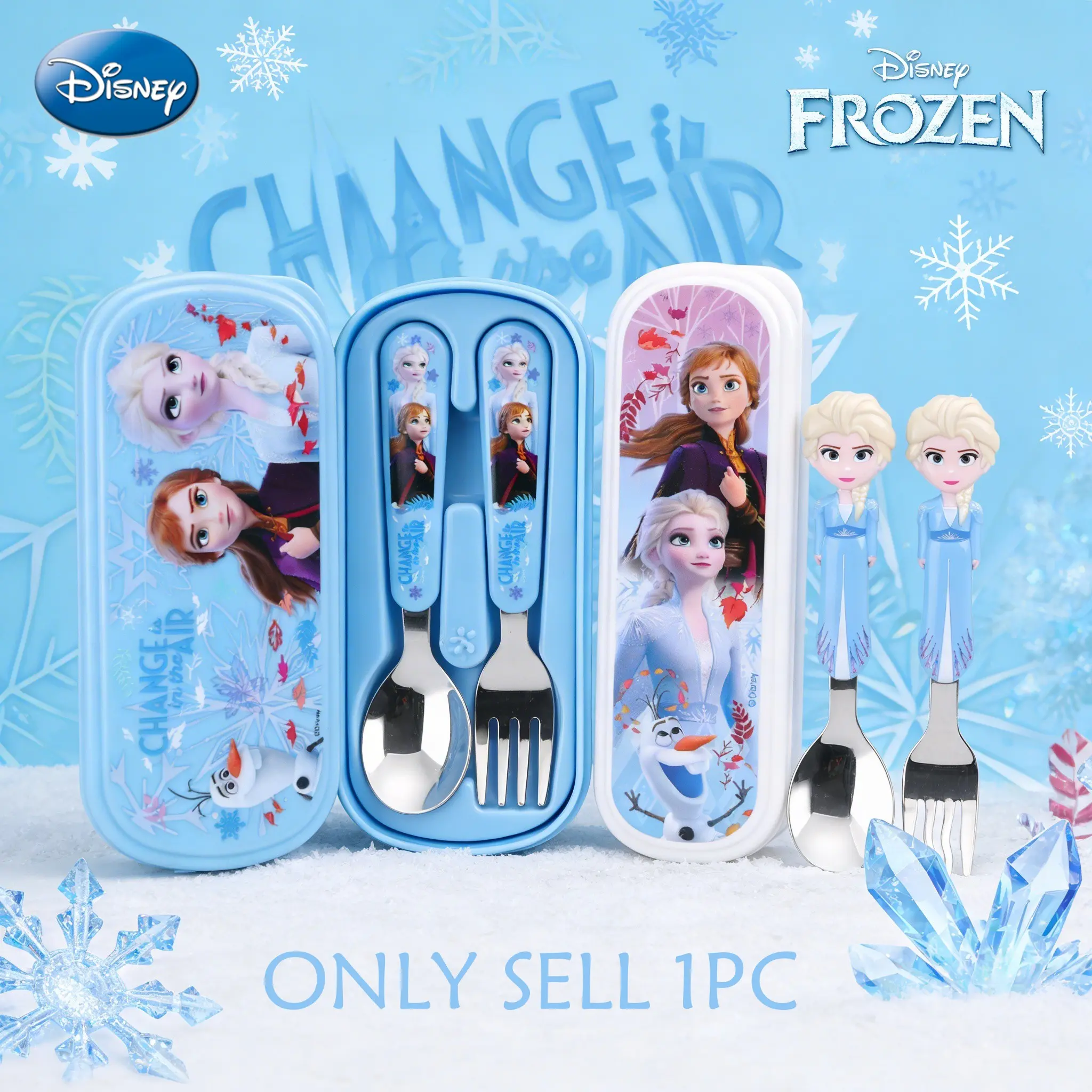 1Set Disney Frozen Officially Licensed 3D Anna Elsa Character Fork Spoon Set, Non-Slip Portable Cutlery for Daily Dining Picnic Cute Gift for Family Friends