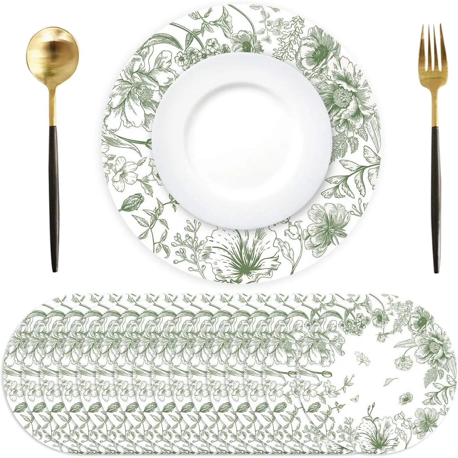 50-Pack Printed Disposable Paper Placemats, 13.7in Vintage Sage Green Chinoiserie Floral Round Table Mats for Dinner Table Setting, Wedding Supplies, Tableware