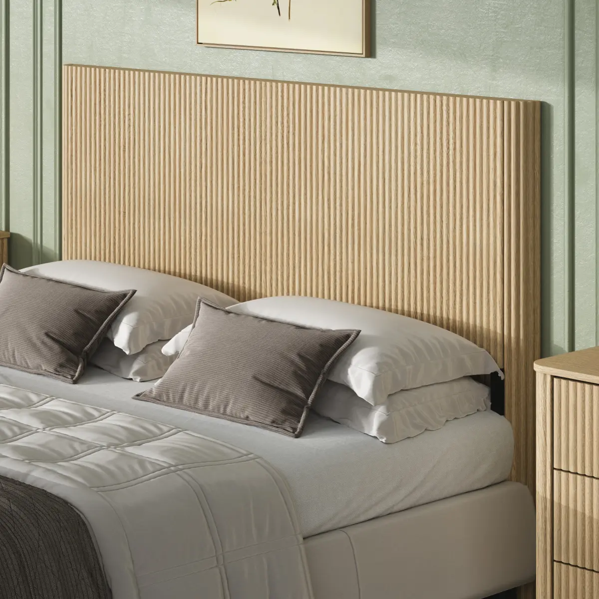 Queen Size Wood Headboard - 65.4" W x 44.5" H Oak Finish Wavy Line Design, Vertical Grain, MDF-Iron Frame, Easy Setup Vintage Furniture for Standard Queen Metal Frame Beds, Modern & Rustic Farmhouse Decor