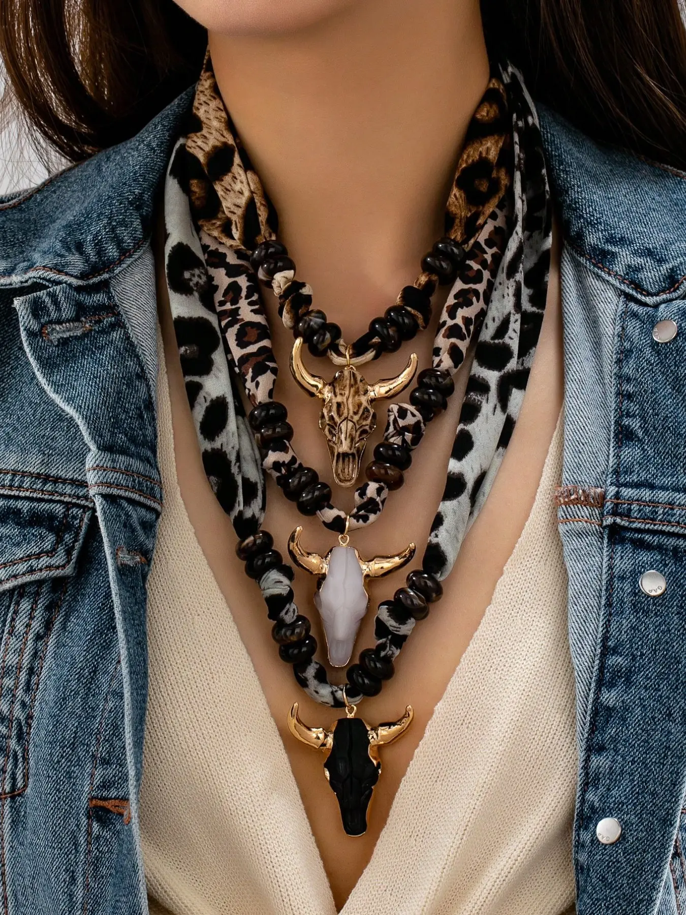 3 piece cow head pendant bead necklace with leopard print scarf, Western denim retro bohemian style women's jewelry