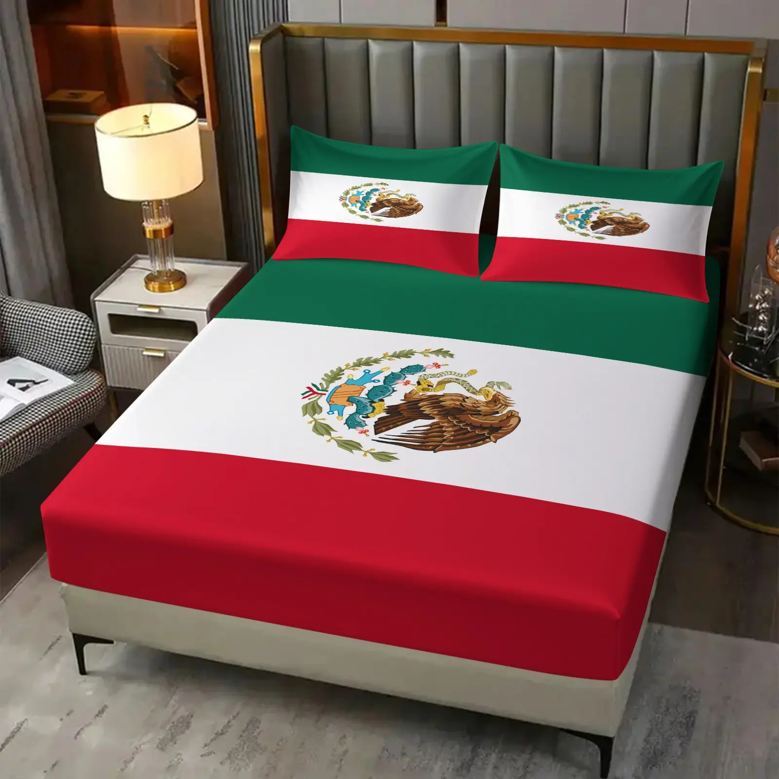 Mexican Flag Printed Pattern Bed Sheet Set, Polyester Bedding, 1 Bed Sheet With 2 Pillowcases (Excluding Pillow Core), Suitable For Teenagers And Adults, Suitable For Bedroom Decoration
