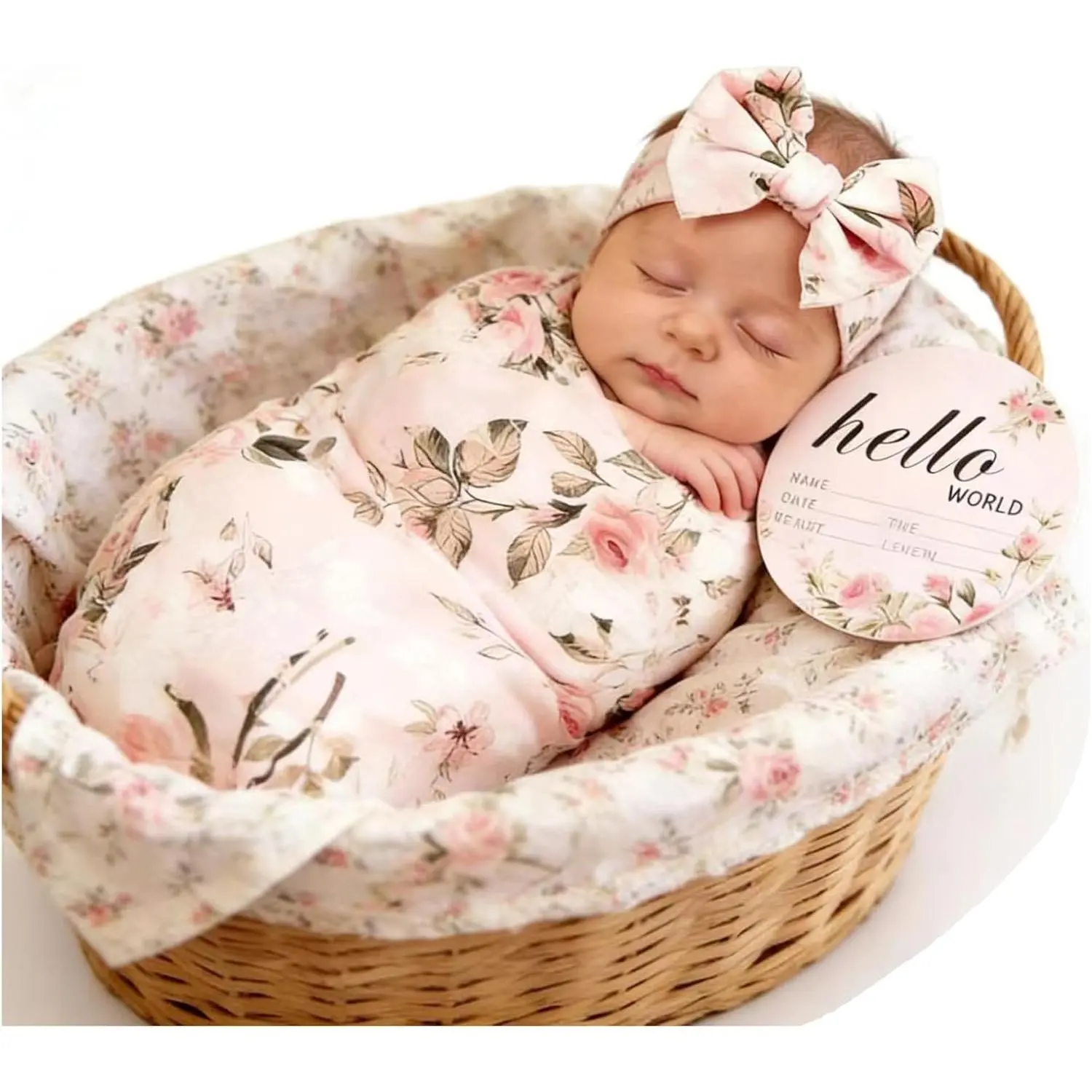 Newborn Swaddle Wrap and Headband Set Floral Print Vintage Style Baby Swaddle Blanket Soft Comfortable for Newborns 0-3 Months Unisex