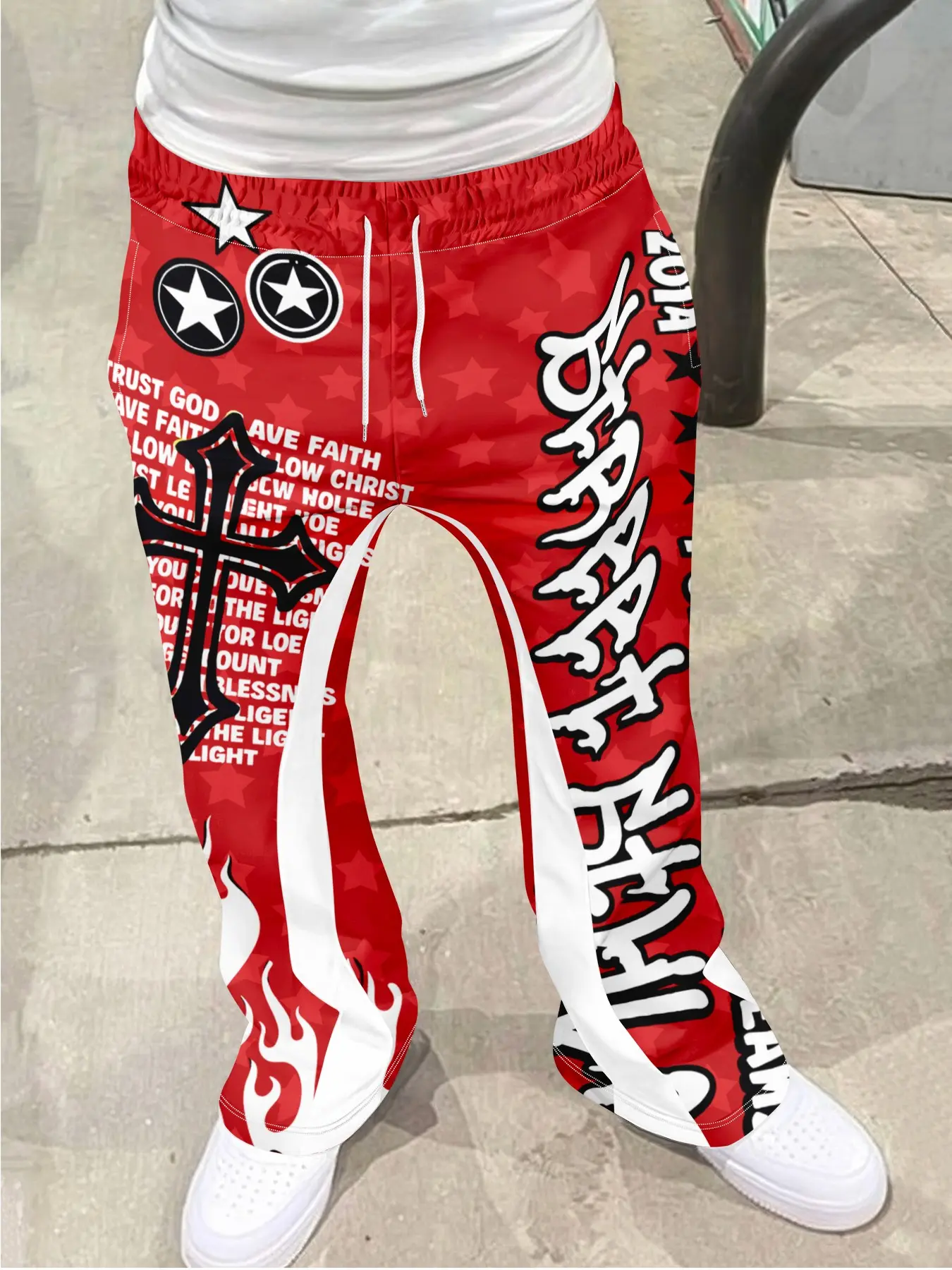 Vintage Men's Fashion Printed Loose Bell Bottom Pants, Drawstring Sportswear Long Pants, 3D Soft Breathable Fabric, Casual Daily Wear, Activewear