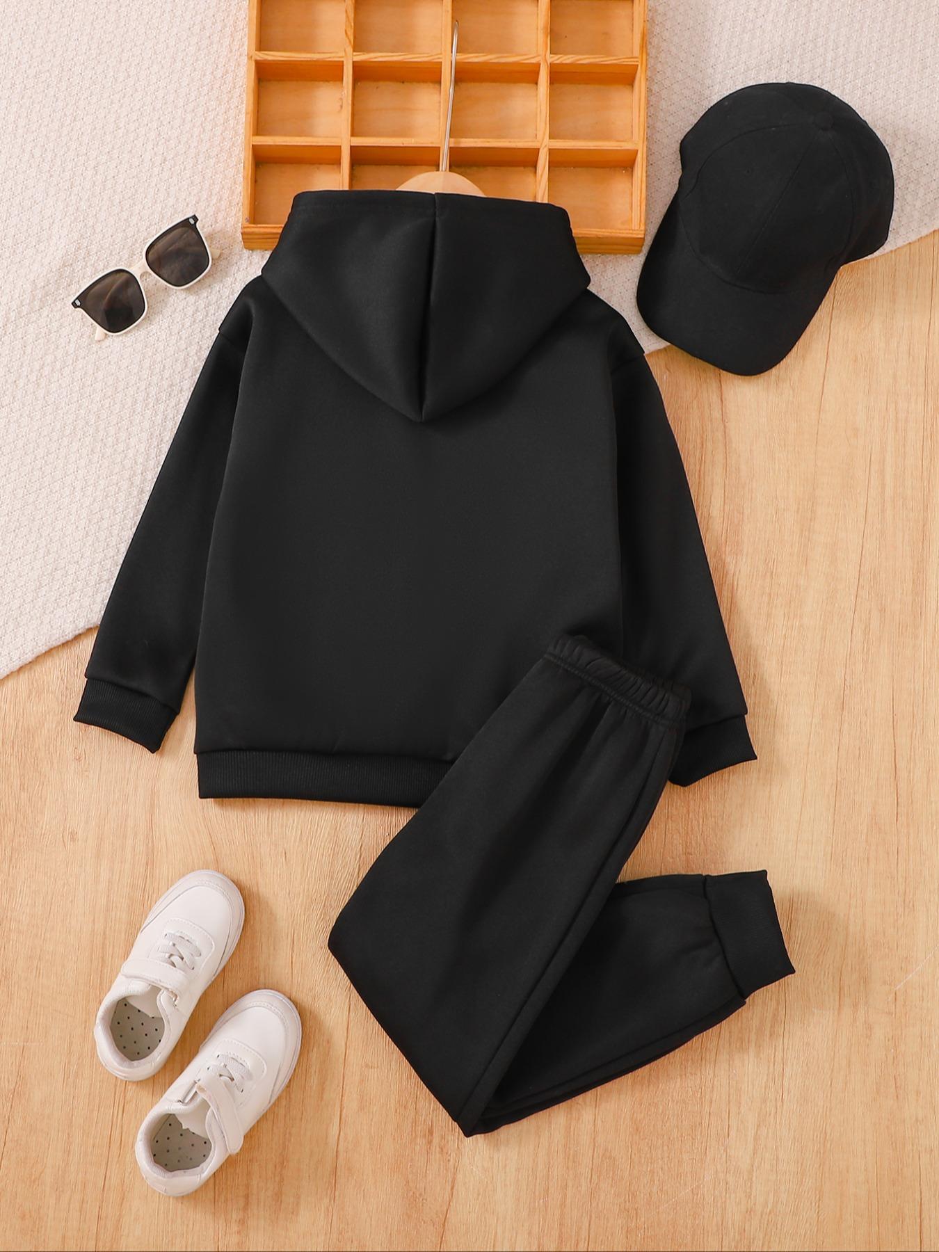 Autumn Winter Kids Hooded Sweatpants Set, Cute Cherry Letter Print, Fitted Casual Style, Thick Fabric, Perfect for Fall & Winter Seasons