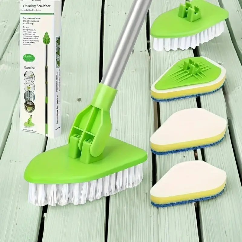 2-In-1 Extendable Shower Brush Set, Long Handle Bath & Tile Floor Cleaner, Includes 3 Sponge Heads & 1 Hard Bristle Head
