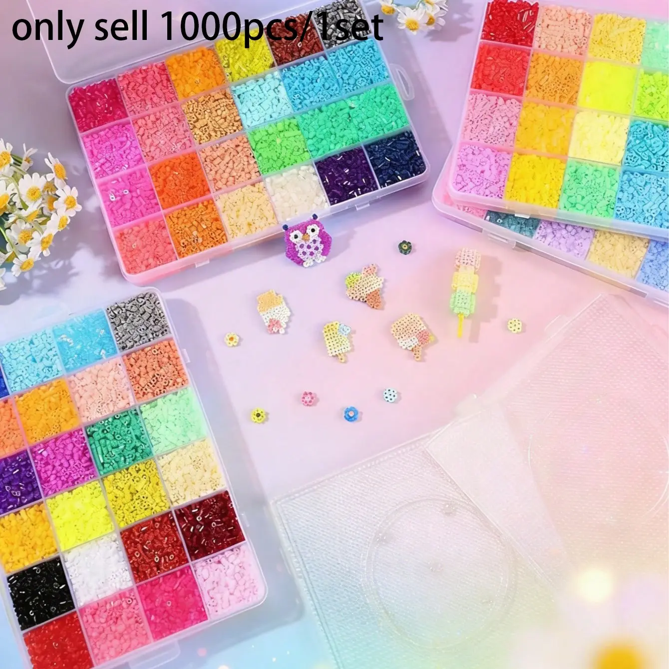 1000pcs/1set Melting Bead Set, 96 Colors, 5mm Beads, Craft Kit for Girls, Includes Base Plate, Ironing Paper, Tweezers, Crochet Hooks, Perfect Gift