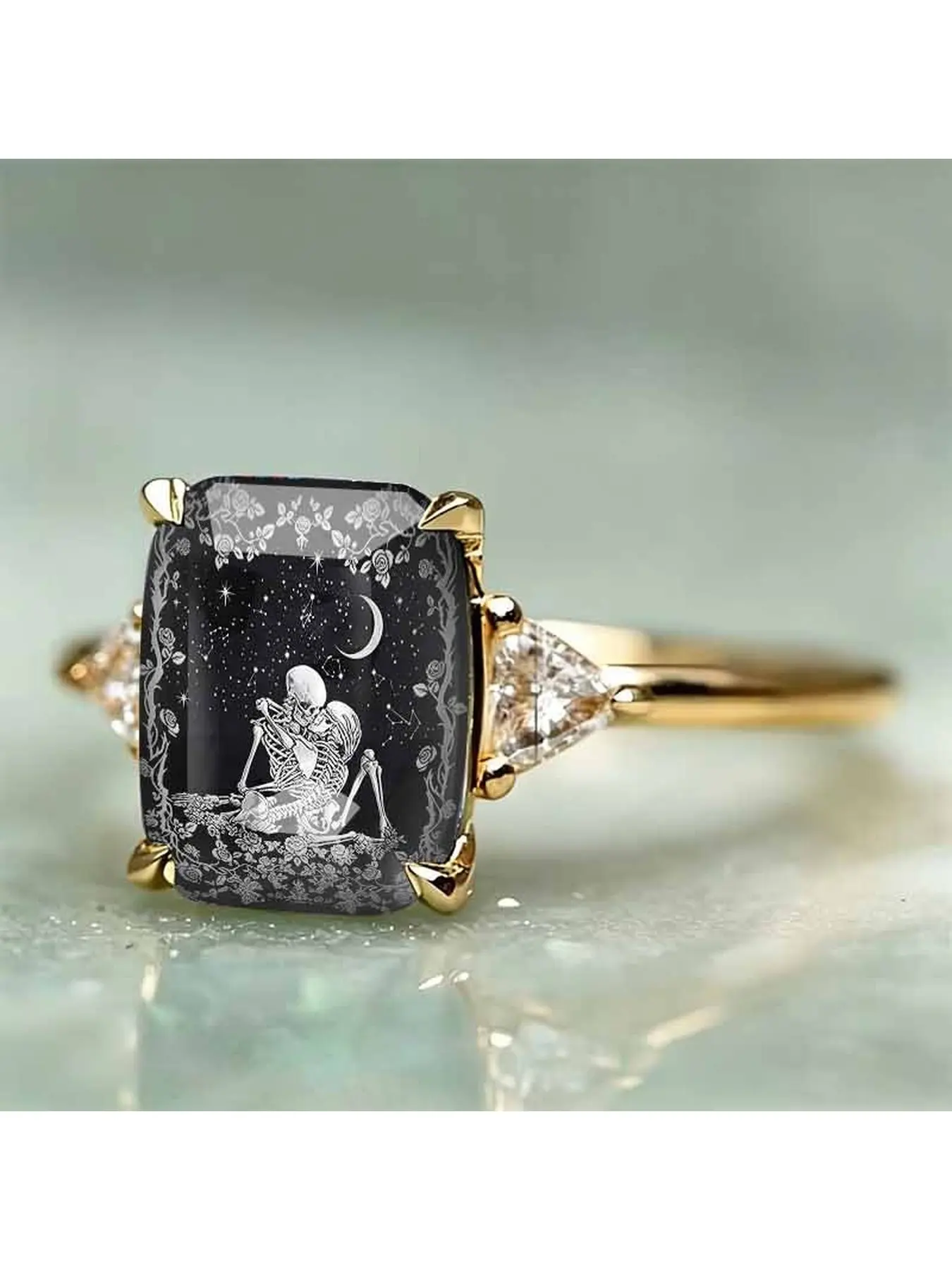 Moonlit embrace skull rose printed square ring - Dark Gothic starry night couple skeleton finger ring - Indestructible romantic niche unique decorative ring - Creative cultural jewelry - Twilight ring