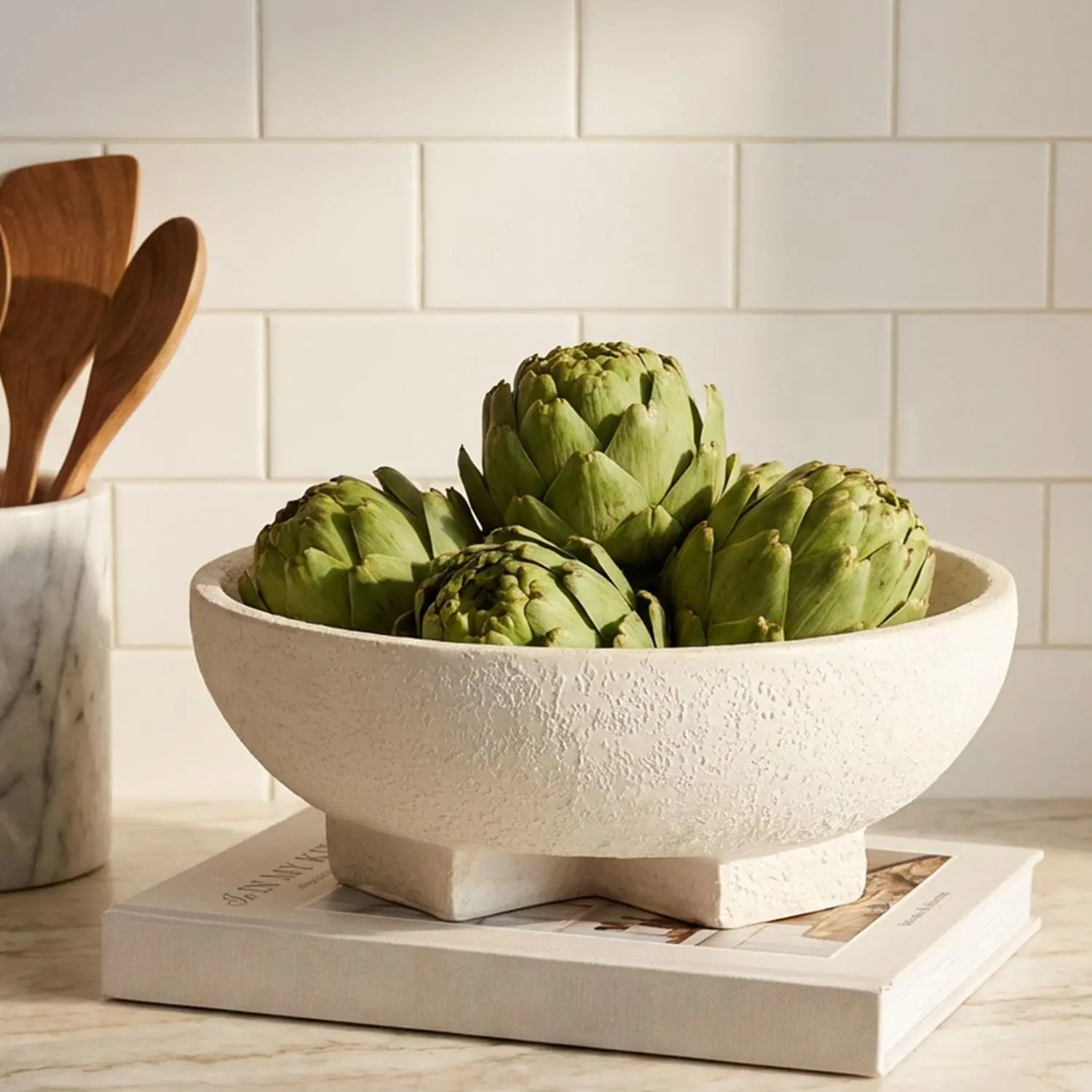 Large Decorative Bowl, Beige White Fruit Bowl for Kitchen Counter
