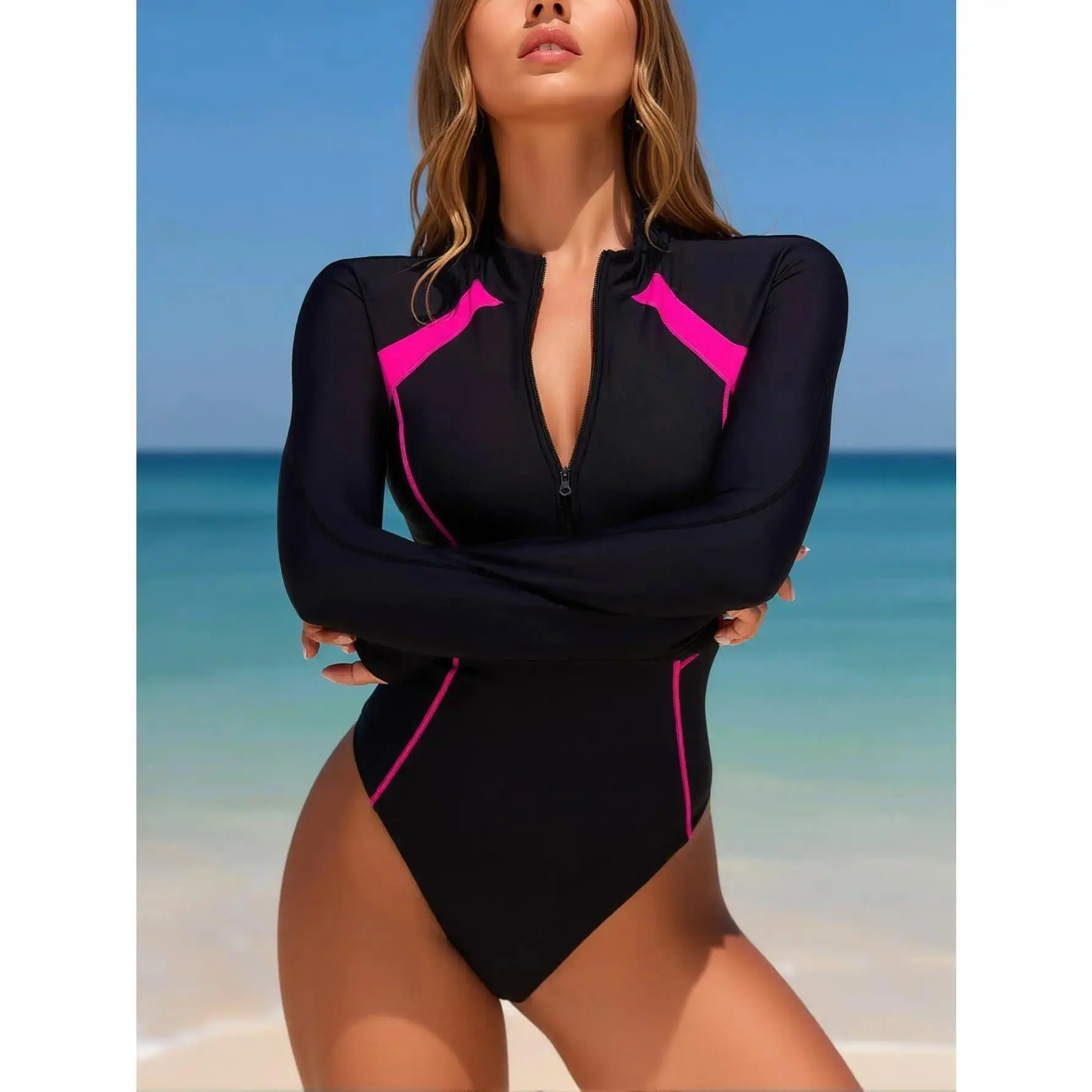 Women's Sporty Fit 1-Piece Swimsuits - Long-Sleeve, Half-Zip Front, Black Contrast Stitching, Tummy Control Rash Guard, High Leg Cut Shapewear, Sun Protection for Surfing, Beach Vacation, Tummy Control Swimsuits, Stitching Swimsuit