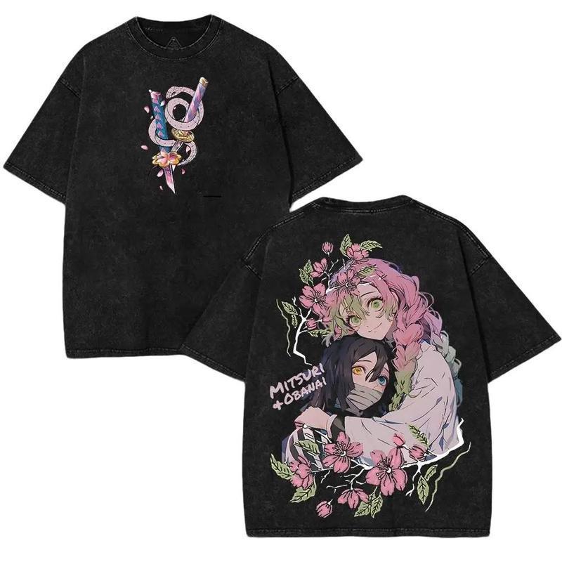 Valentine Shirts Obanai x Mitsuri Love Hashira Demon Slayer Kimetsu No Yaiba Double Sided Print Vintage Washed Tee, Unisex Casual Soft Cotton Graphic T Shirt, Classic Crew Neck Comfort Top, Trendy Anime Streetwear