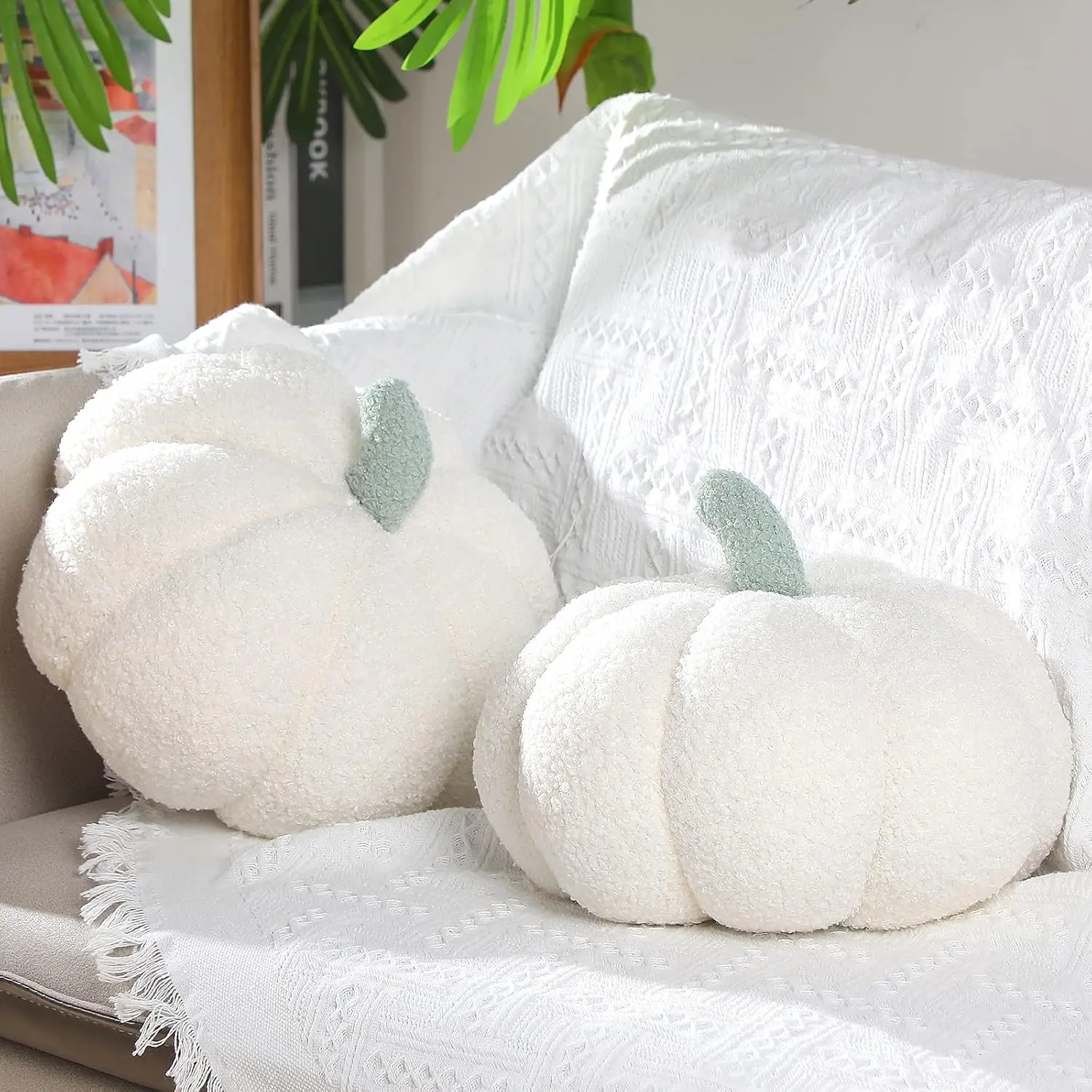 2 Pcs Pumpkin Pillow Fall Decor,White| 11 x 9.5 Inch 3D Fall Throw Pillows, Living Room Bedroom Home Decorations for Autumn Halloween Thanksgiving Car Sofa
