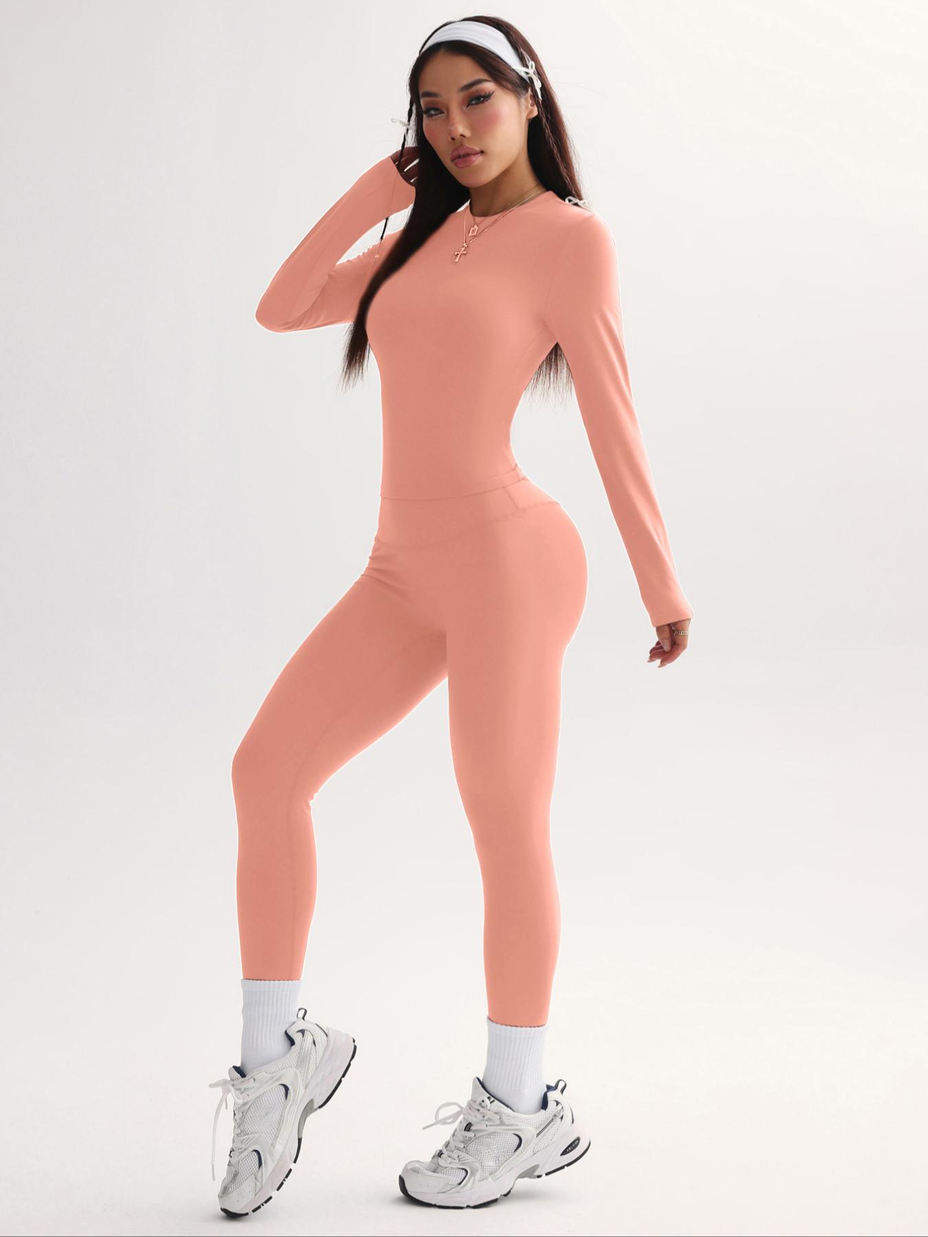 Women's Sporty, Solid Color Long Sleeve Tee & High Waist Skinny Pants, Comfortable Breathable Activewear for Yoga Gym Running, Sports Activewear Set