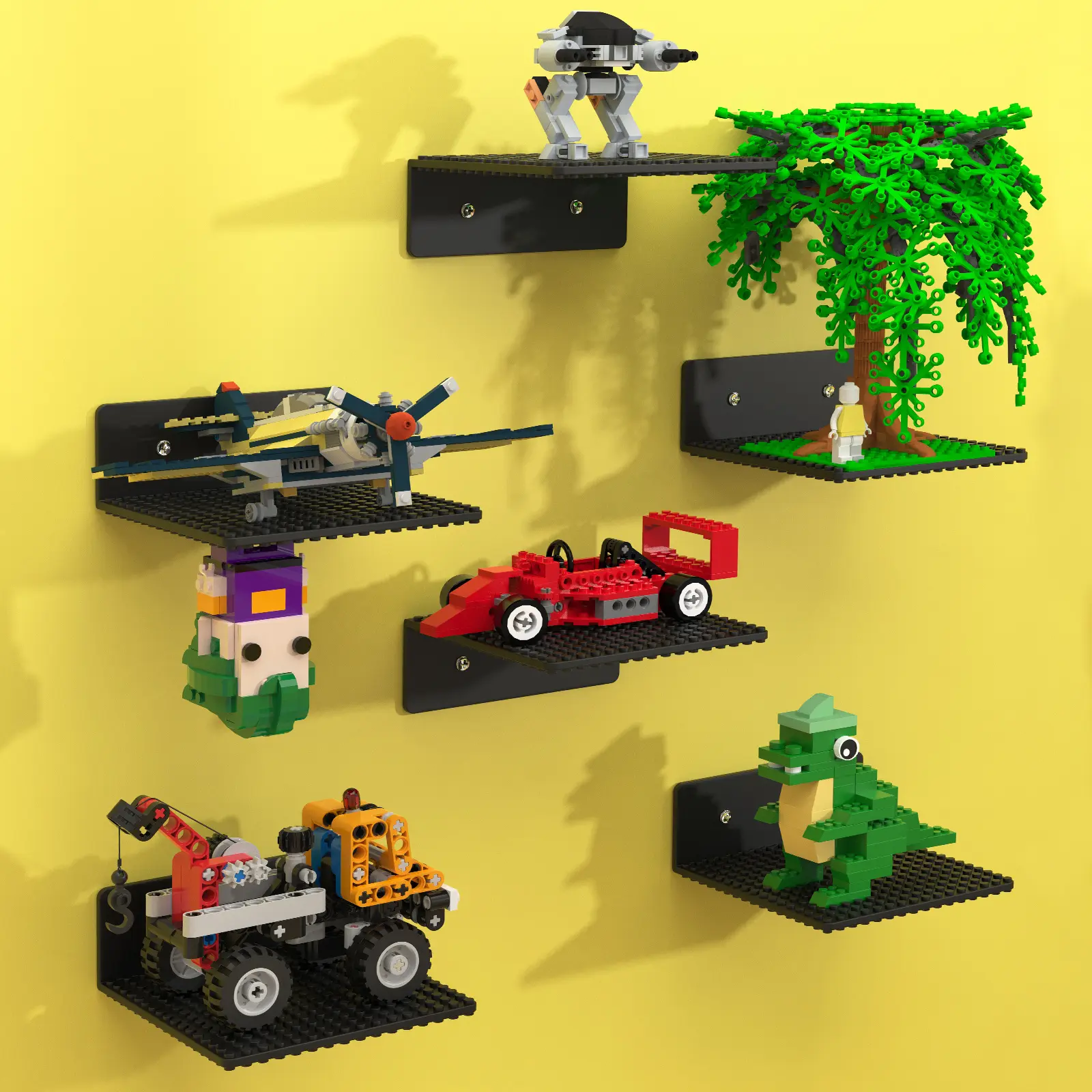 BlissBox Dual-Sided 6-Pack Floating Wall Shelves, Lego Building Brick Compatible, 5x5.5in 16x17 Studs for Minifigures Storage & Display, ABS Easy-Installation Shelves for Room Decor, Black