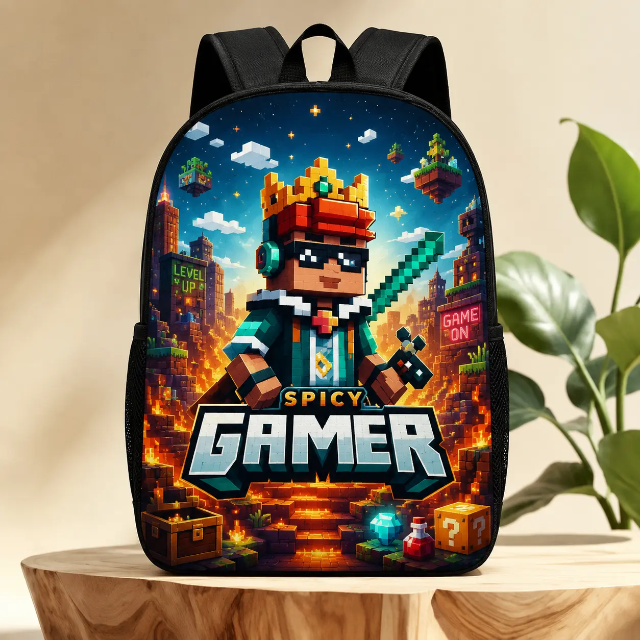Retro 2D Pixel Print Gaming Backpack - Large Lightweight Student Daypack with Adjustable Straps and Zipper Closure