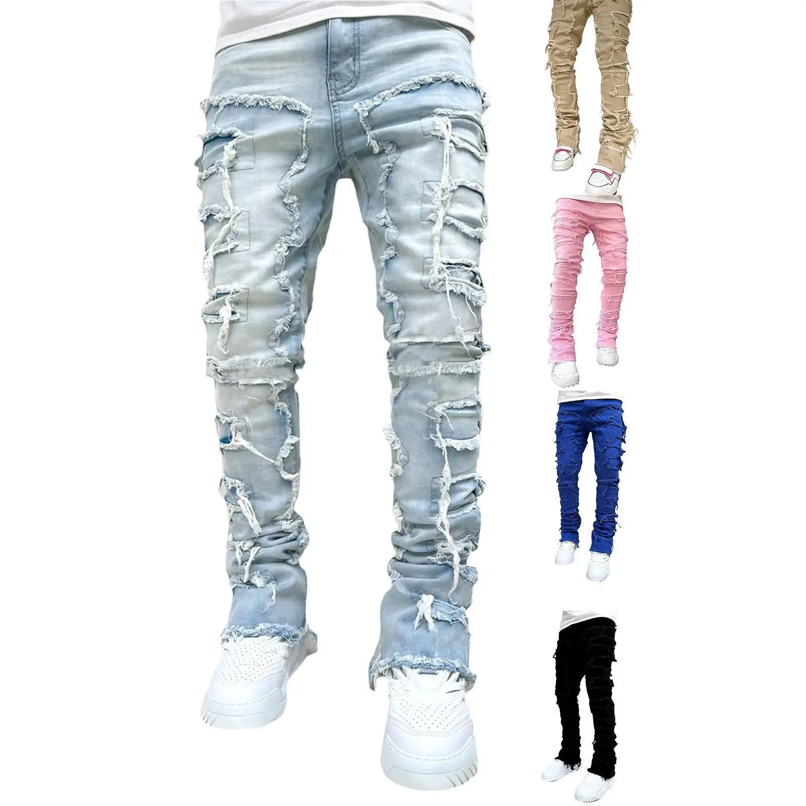 Men Streetwear Hip Hop Stacked Spliced Slim Straight Jeans Pants Male Stylish Motorcycle Biker Denim Trousers, High Cotton Content Distressed Ripped Detail, Elastic Stretch Fabric, Casual Skinny Fit Denim Pants for Urban Outfits