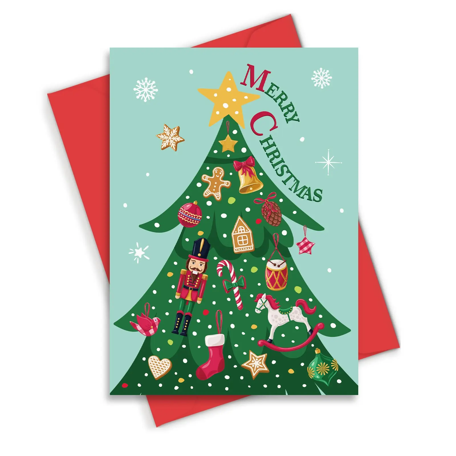 1 Count Cute Nutcracker Christmas Tree Card, 5×7 Inch Mint Green Winter Holiday Greeting Card With Red Envelope, Gingerbread Rocking Horse Candy Cane Ornament Design, Family Kids Merry Xmas Gift Card