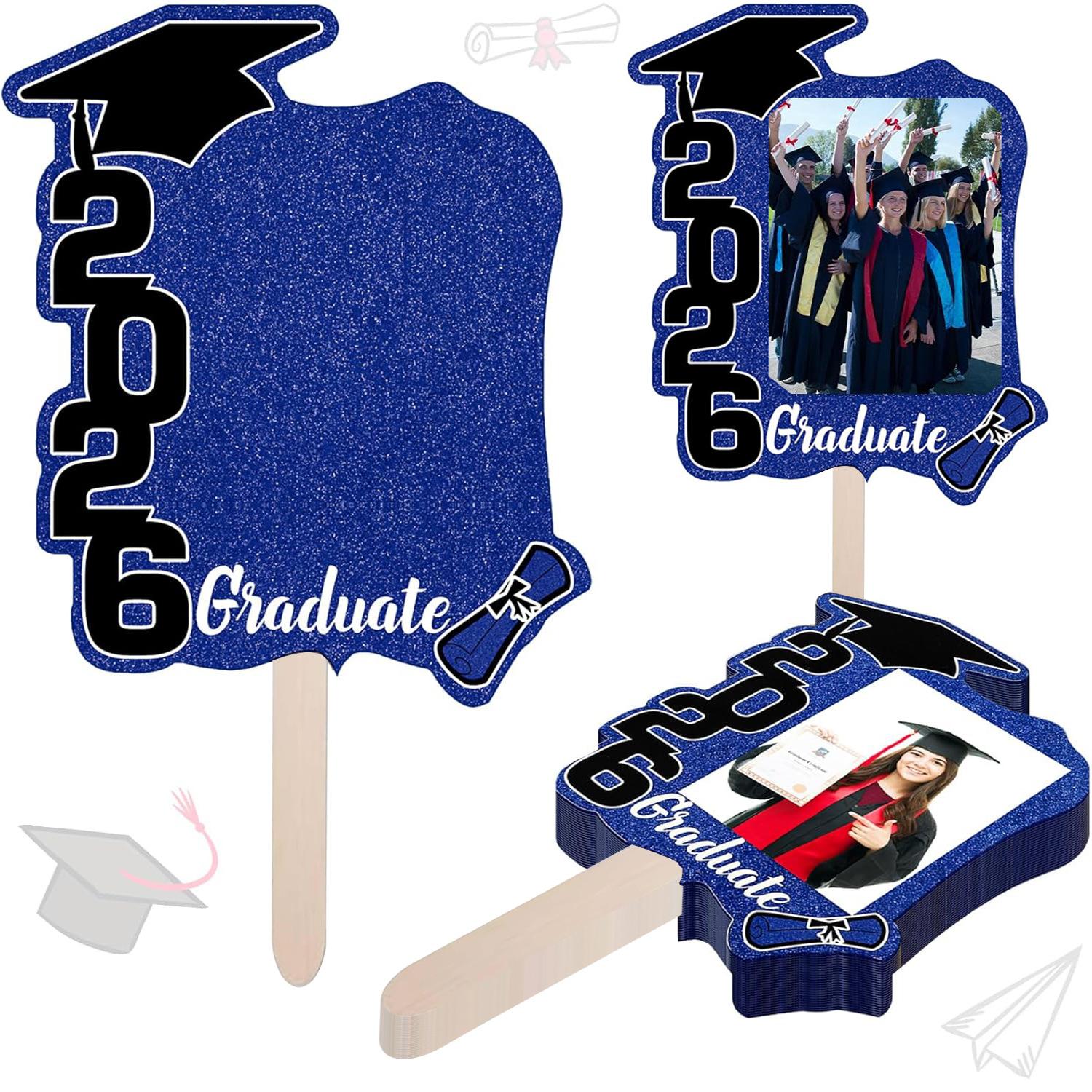 24 Pack Class of 2026 Graduation Fans with Handle Double Sided Grad Photo Props for Keepsake Gifts Graduation Party Supplies