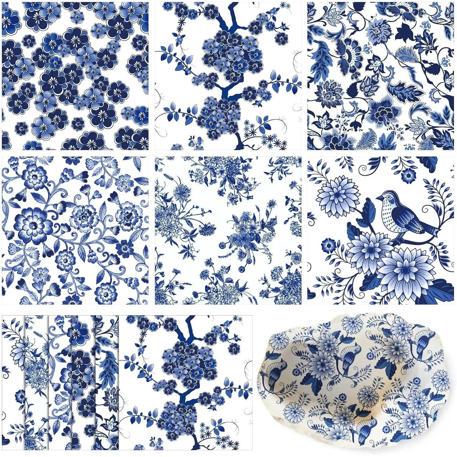 36 Pack 6 Styles Blue and White Decoupage Napkins Assorted Floral Chinoiserie Cocktail Napkin Decorative Printed Toile Tissue Paper for Crafting Summer Seashell DIY Coastal Decor, Unfolded 13''