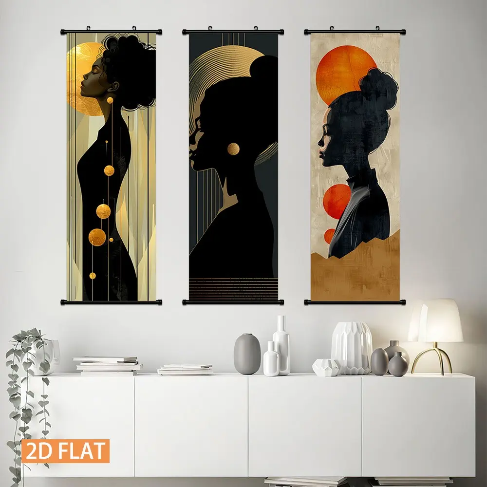3 Piece African Woman Silhouette Scroll Poster Art, Modern Abstract Minimalist Wall Decor, Home Decoration for Living Room, Bedroom, Office