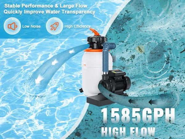 VEVOR Sand Pump for Above Ground Pools, 10-inch, 1585 GPH, 0.33 HP Swimming Pool Pumps System & Filters Combo Set with 5-Way Multi-Port Valve & Pressure Gauge, for Domestic and Commercial Pools VEVOR Sand Pump for Above Ground Pools, 10-inch, 1585 GPH, 0.33 HP Swimming Pool Pumps System & Filters Combo Set with 5-Way Multi-Port Valve & Pressure Gauge, for Domestic and Commercial Pools