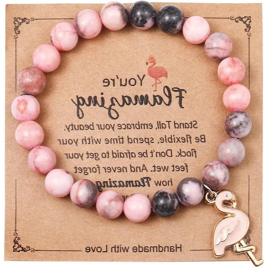 Flamingo Healing Natural Stone Bead Stretch Bracelet for Women - Inspirational You're Flamazing Jewelry Gift for Flamingo LoversGift