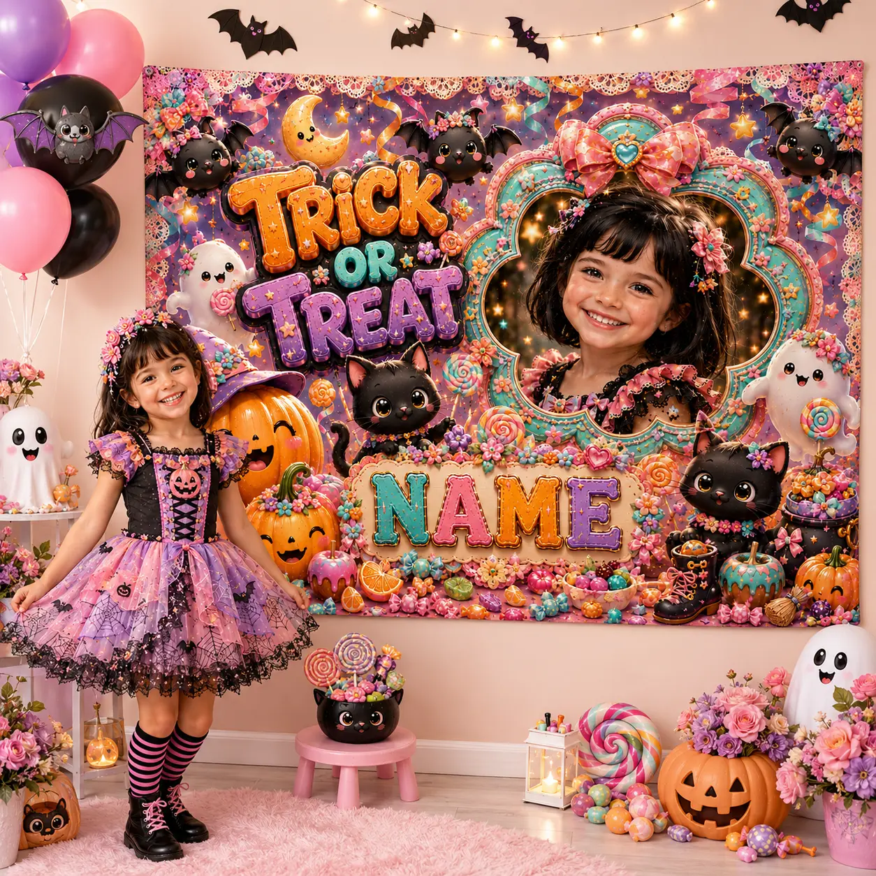 Customizable Pastel Candy Theme Halloween Backdrop with Photo Area and Name - Home & Party Decor, Pink Pumpkins, Black Cats, Ghosts, Lollipops, Bows, Flowers Banners
