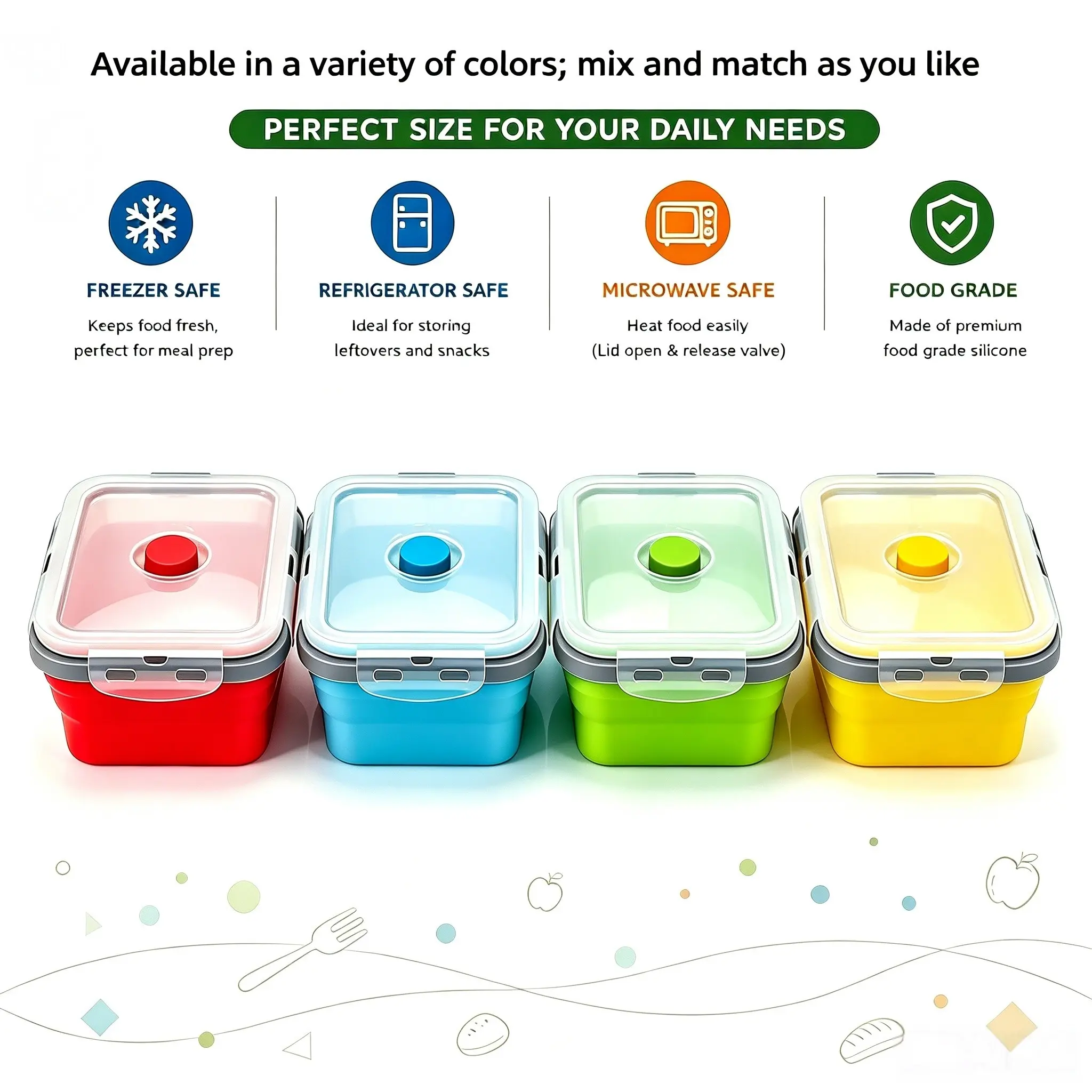 4-piece foldable lunch box set, includes a silicone spoon, foldable food storage containers, expandable meal prep containers, and reusable lunch boxes. Ideal for office use, these leak-proof, portable food storage containers are microwave-safe, freezer-sa