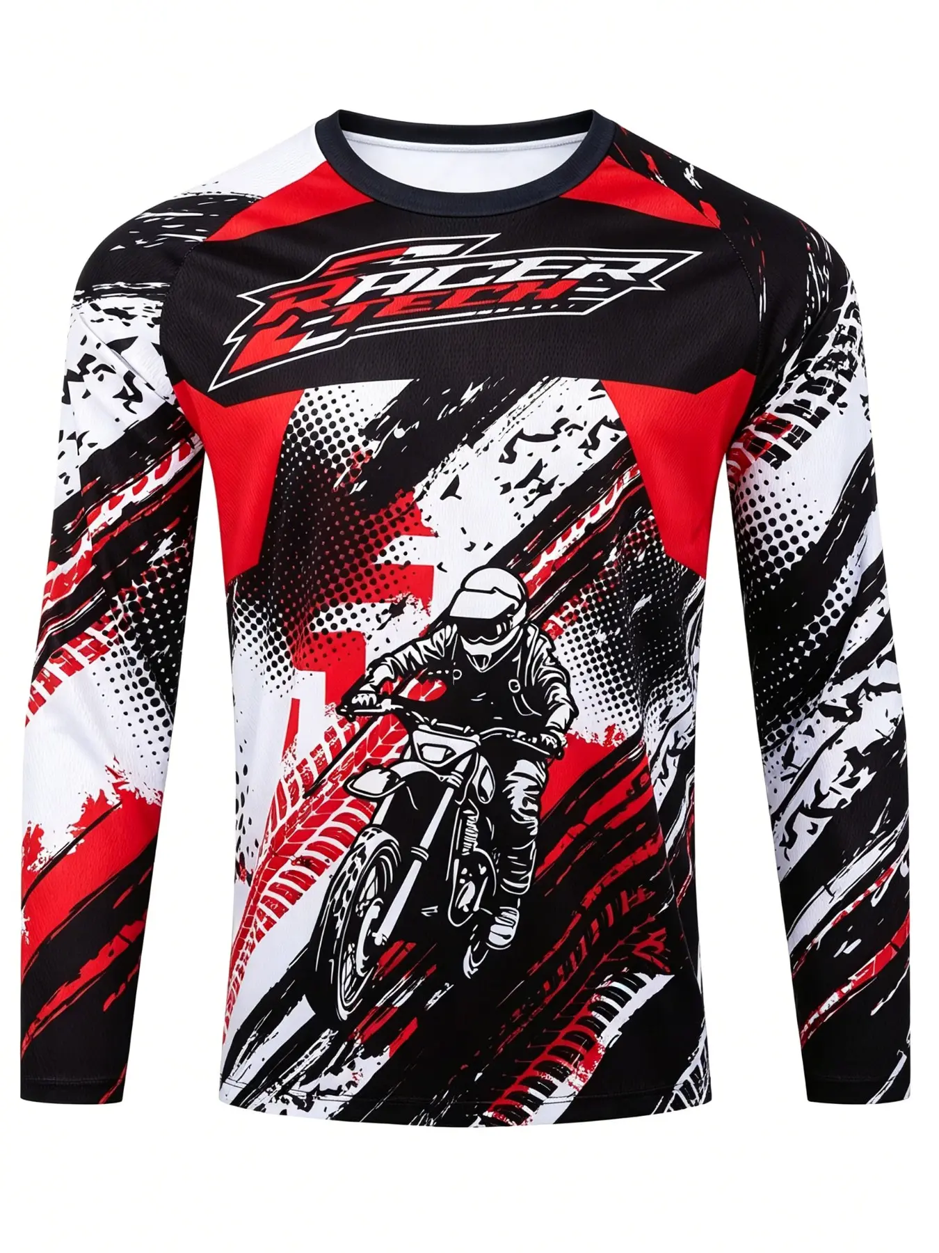 Men's Off-Road Motorcycle Long Sleeve Riding Shirt, Vintage Tire Print, Breathable Mesh, Mountain Bike Race T-Shirt, Outdoor Motorbike Sport, Breathable Sports Tops