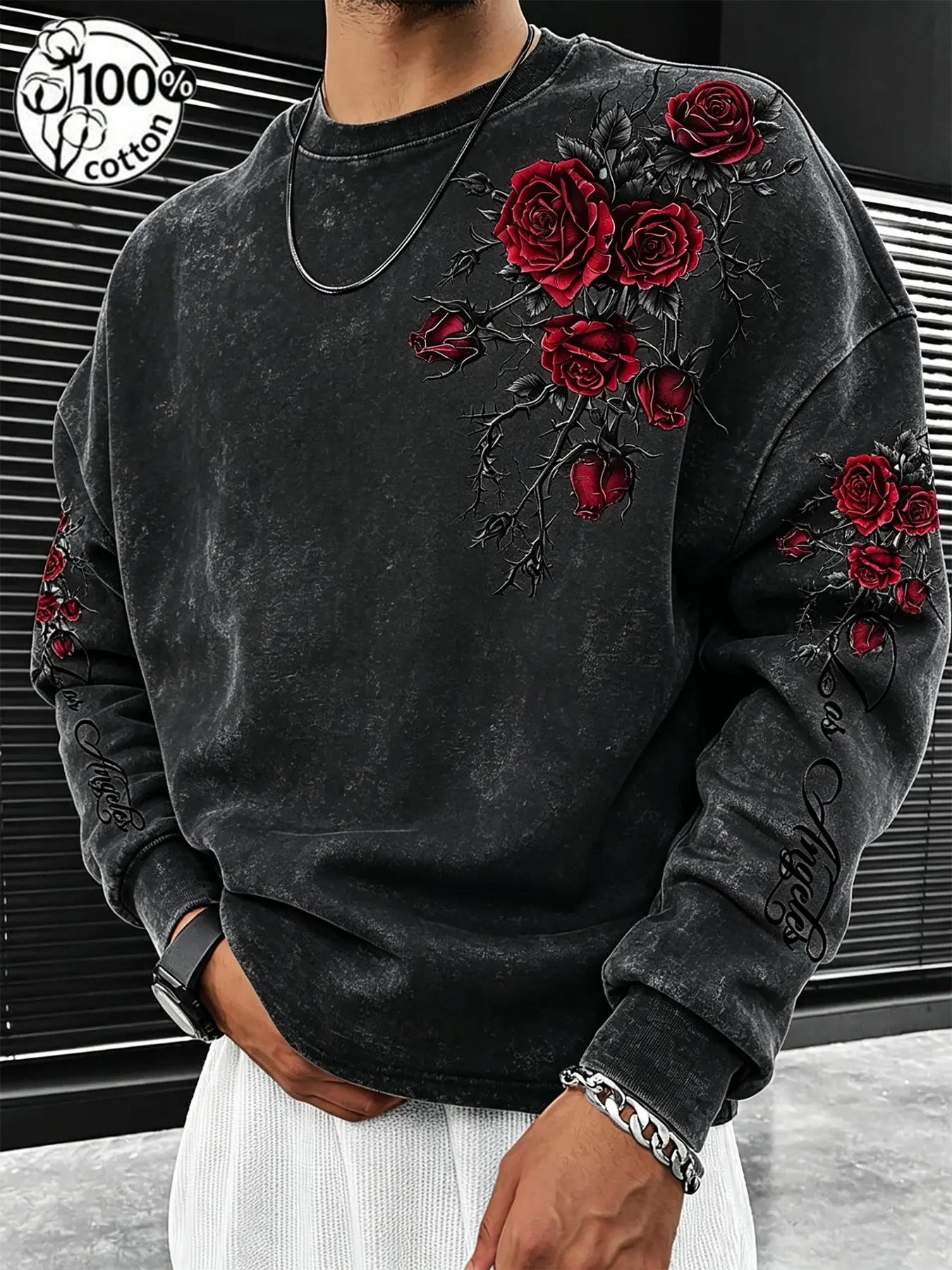Unisex 100% Cotton Acid Wash Black Crewneck Sweatshirt with Red Rose Thorn Print & "Los Angeles" Script Dark Romantic Streetwear Casual Oversized Top
