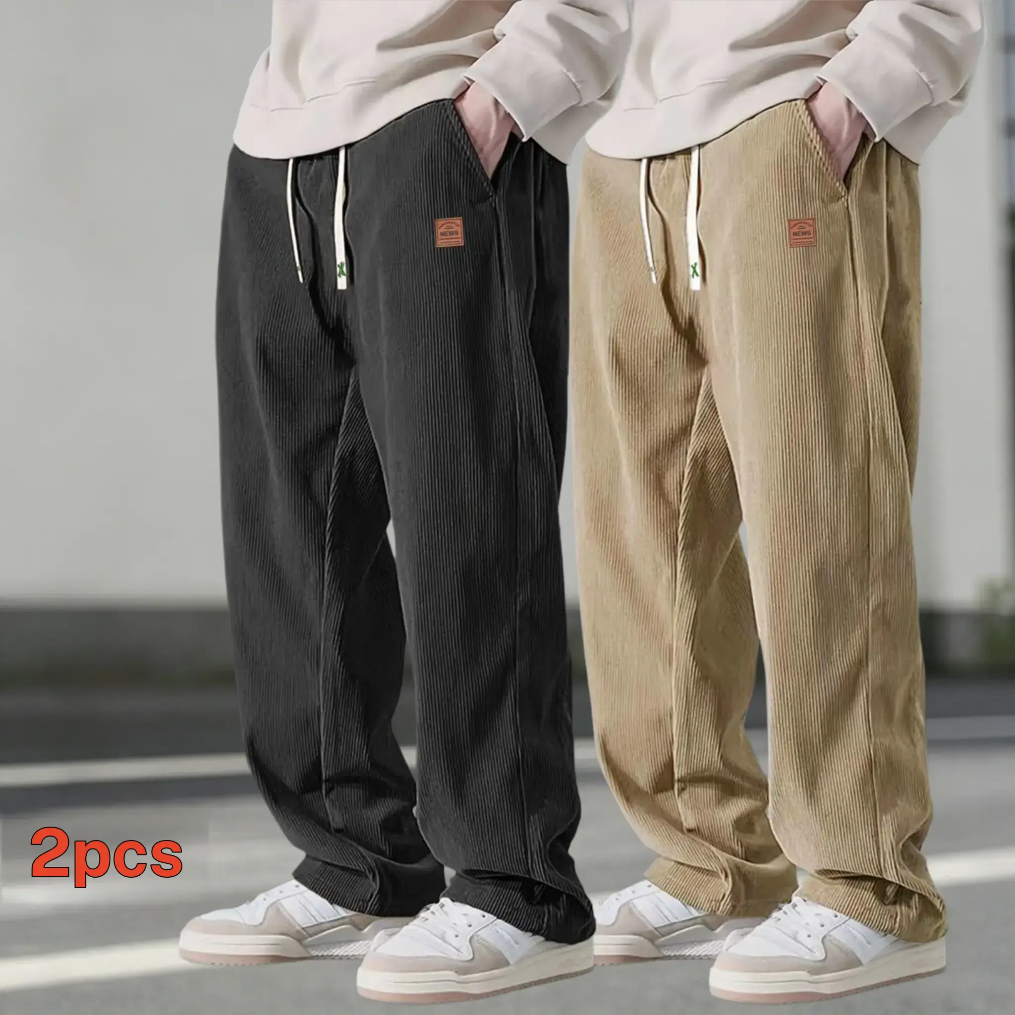 Two men's autumn casual pants featuring a simple and versatile style with drawstring design, adding a casual feel. The pants have delicate small details, such as stitching accents, making them comfortable and stylish. The loose fit provides comfort and fr