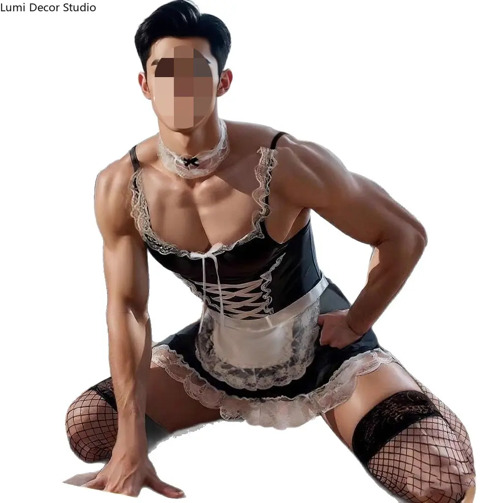 Men's Maid Costume Lingerie Set - Roleplay Uniform Sleepwear with Apron Dress and Accessories for Costume Parties and Private Lounging