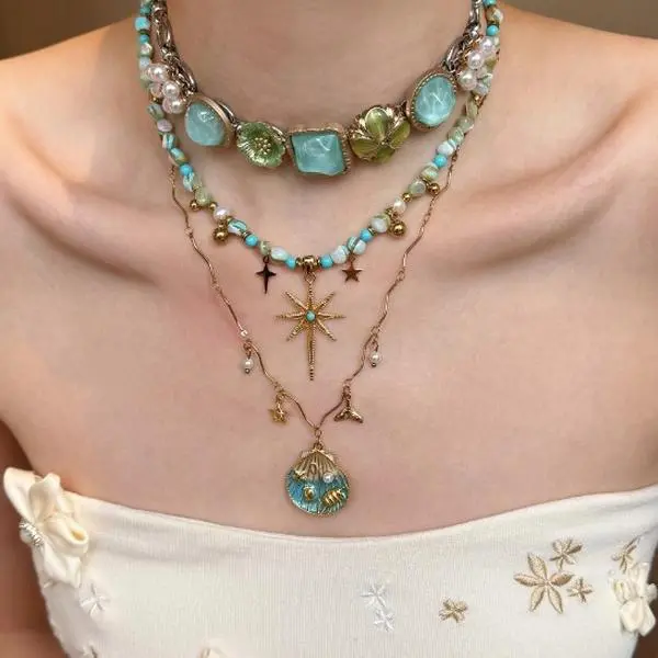 Women's 3-Pcs Ocean Layered Necklace Set - Vintage Blue Turquoise Beaded Choker, Star & Seashell Pendant Stackable Mermaid Core Beach Costume Jewelry neck alace everyday layering lovely gift fashionable valentine witchy minimalist chain fashion simple