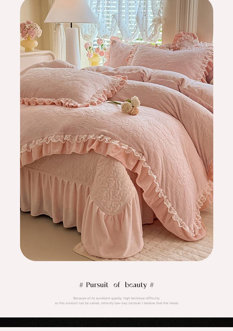 Korean-style French lace thickened milk velvet four-piece set with double-sided baby velvet and coral velvet duvet cover and quilted bed skirt