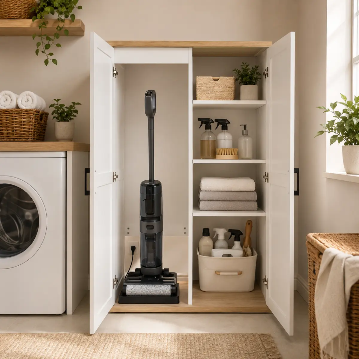 55.1" Tall Wooden Vacuum Storage Cabinet, Broom Closet Storage Cabinet with 2 Doors and a Adjustable Shelf, Cleaning Tool Cabinet for Living Room, Kitchen, Garage, Utility Room, Bathroom-White