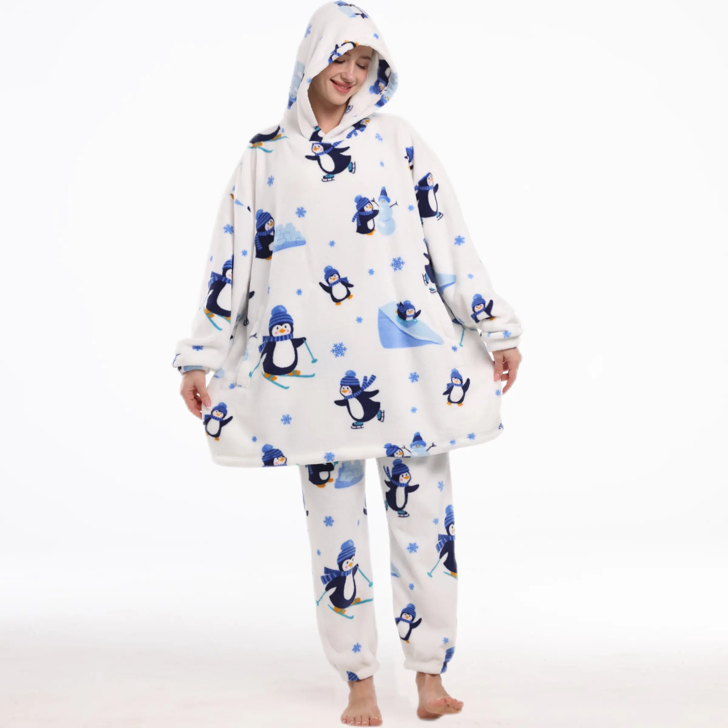 Coral Fleece Penguin Print Loungewear Set, Unisex Hooded Pants with Pockets, Cozy Fall Winter Sleepwear, Perfect Gift