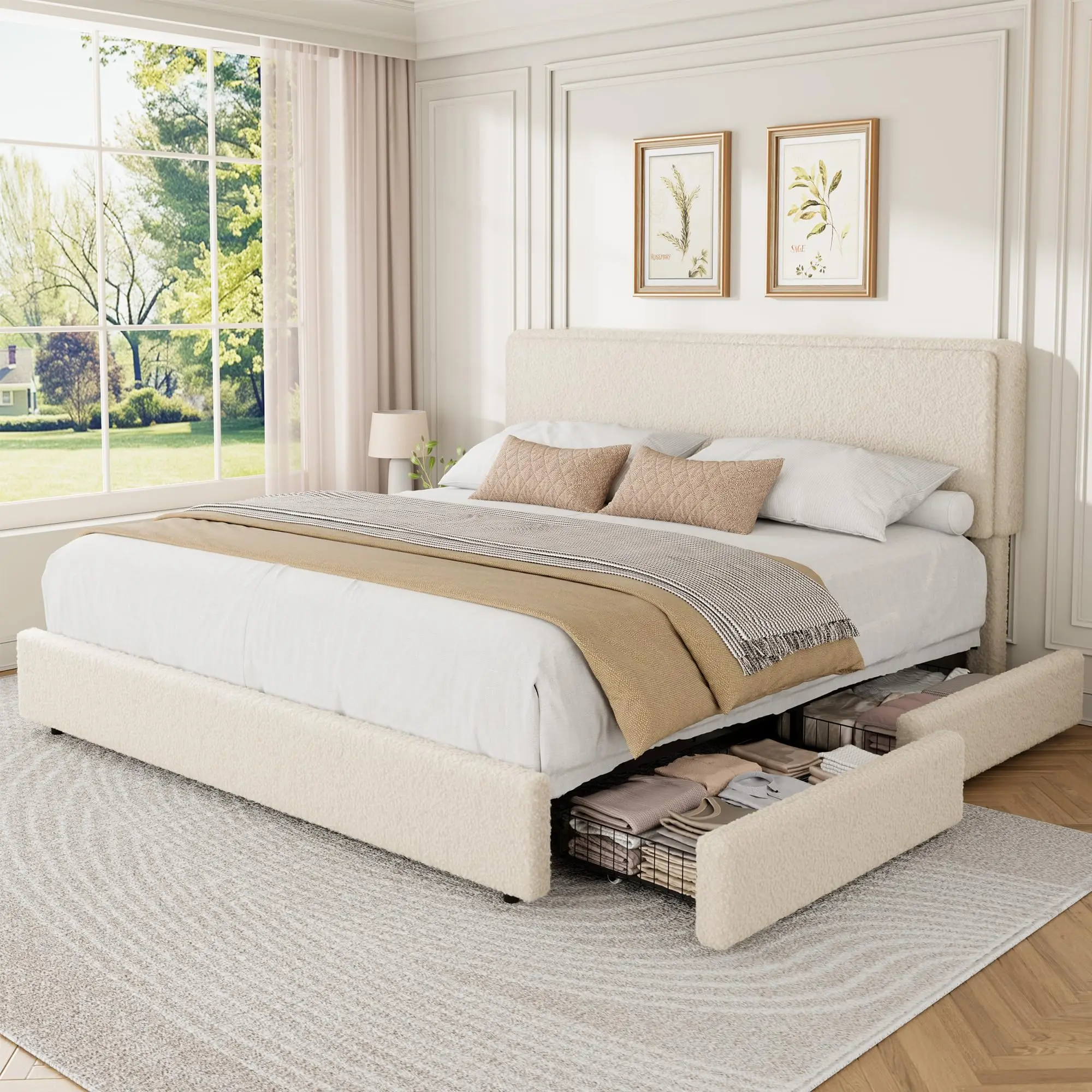 Cozy Cloud Bed Frame, Twin/Full Size Upholstered Platform, Adjustable Headboard, 2 Storage Drawers, Soft soft Fleece Boucle, Modern Bedroom Furniture, Easy Assembly, No Box Spring Needed