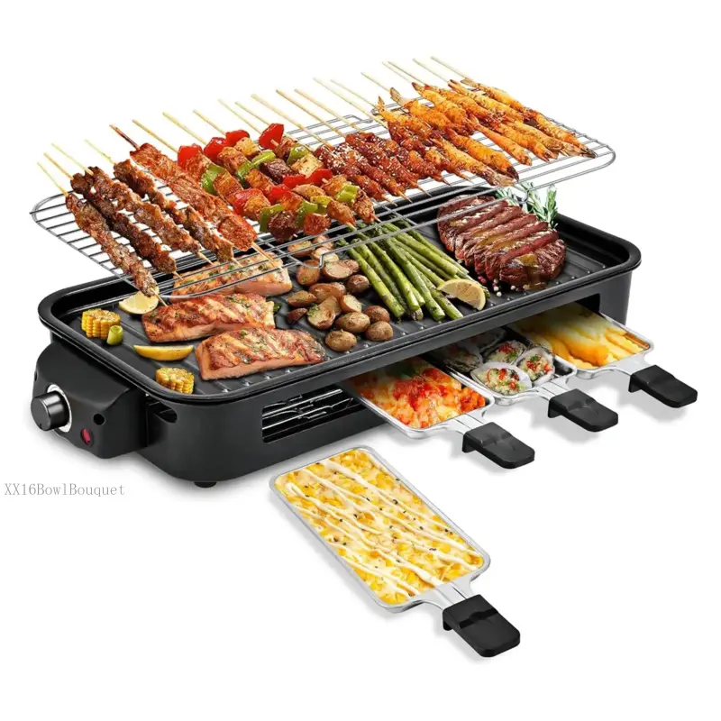 1500W Smokeless Indoor Grill – Extended Long Version, Removable Plates, Adjustable Temp Control + 4 Mini Pans – Compact, & Easy CleanXX16BowlBouquet