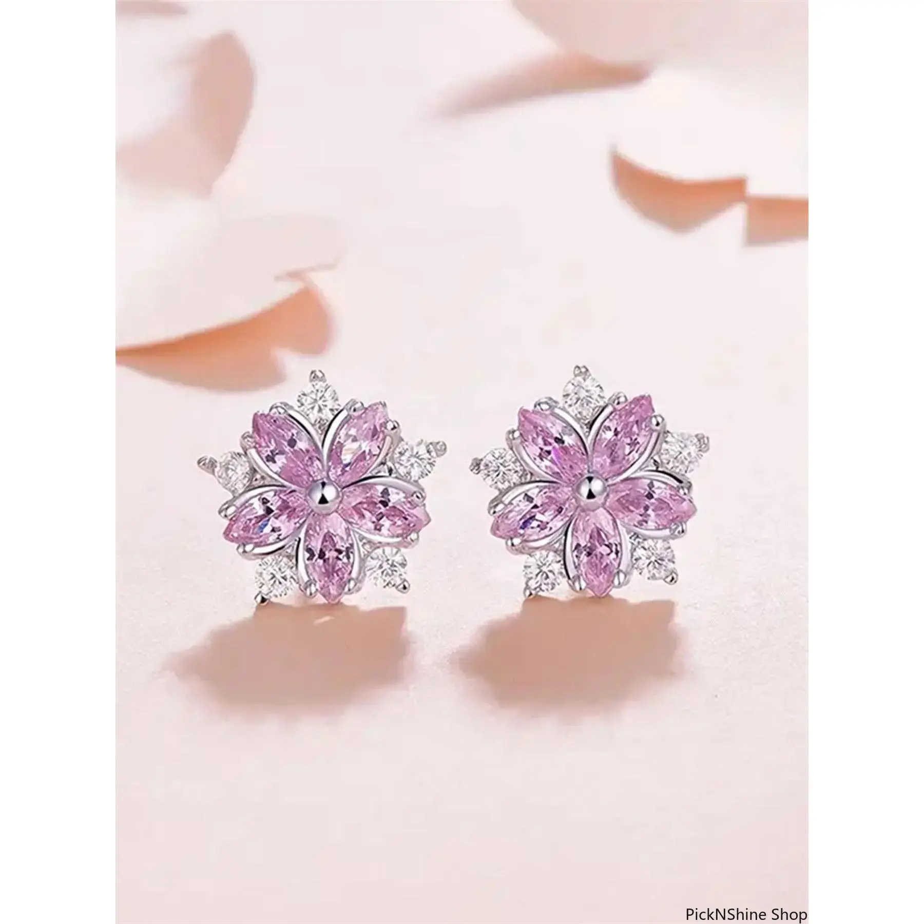Flower Stud Earrings for Women Girls, Pink Cubic Zirconia Floral Earrings, Sparkling Crystal Flower Jewelry, Elegant Wedding Bridal Earrings, Lightweight Everyday Stud Earrings, Birthday Anniversary Gift for Her