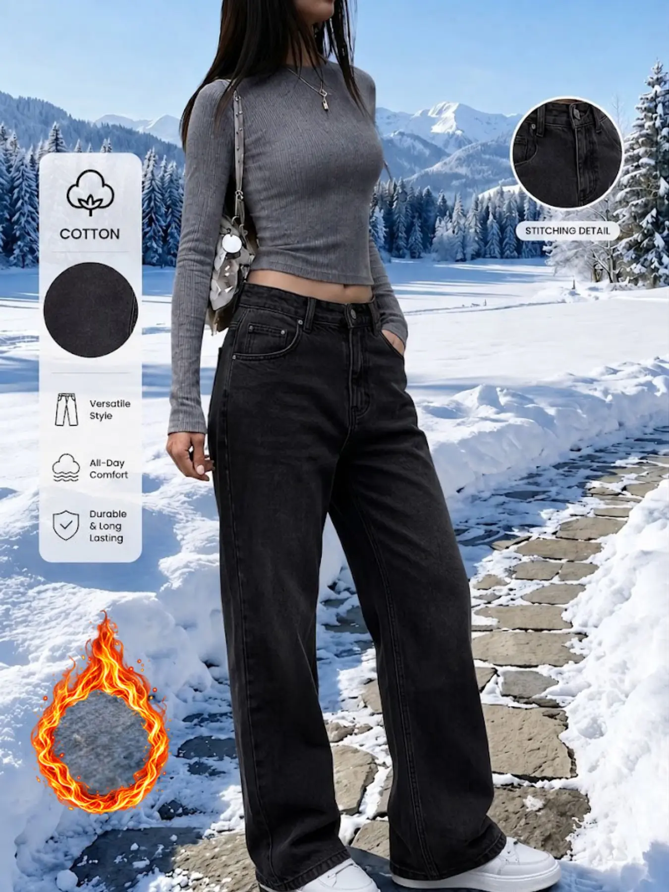 Women’s Fleece-Lined Wide Leg Jeans, High Waisted Washed Denim Pants, Warm Thick Vintage Baggy Jeans for Fall & Winter, Casual Everyday Wear