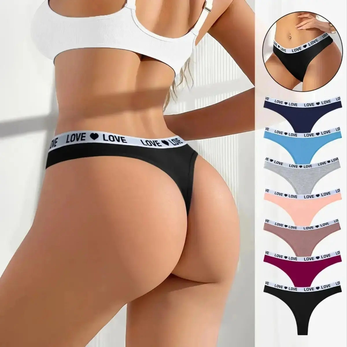 Women’s 7 Pack Low Waist Thong Panties – Cotton Spandex Breathable Underwear, Lingerie, Heart, Low Rise, Cotton Blend, Fabric, Lady, Love, Heart Band, Machine Wash
