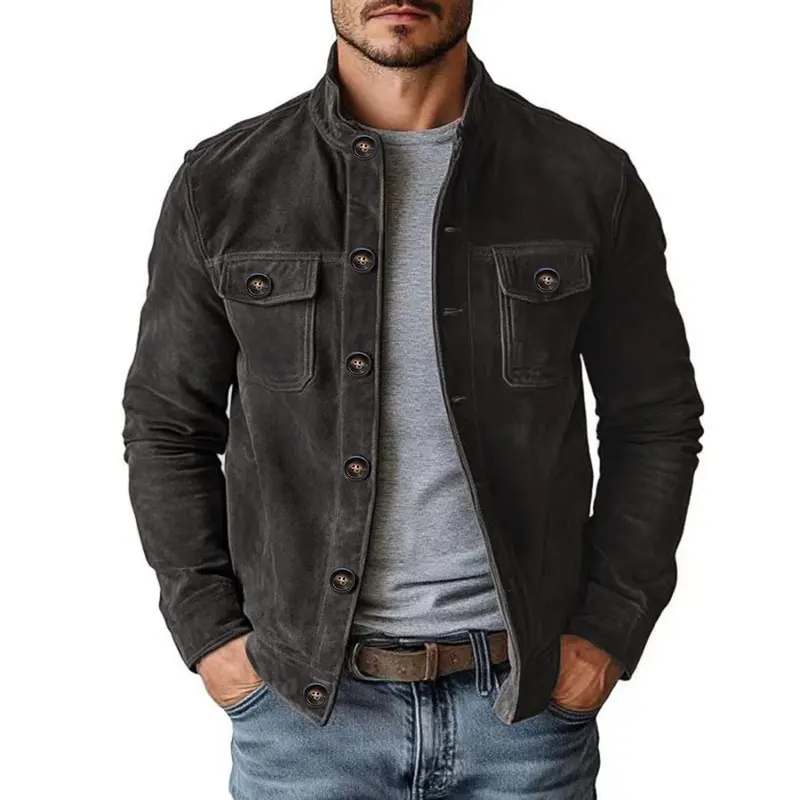 Men's Casual Retro Cargo Coat - Longsleeves, Stand Collar, Button-Front, Pocket Decor, Polyester Clothes for Retro Daily Spring/Fall Commute, Beige Plain Menswear Top